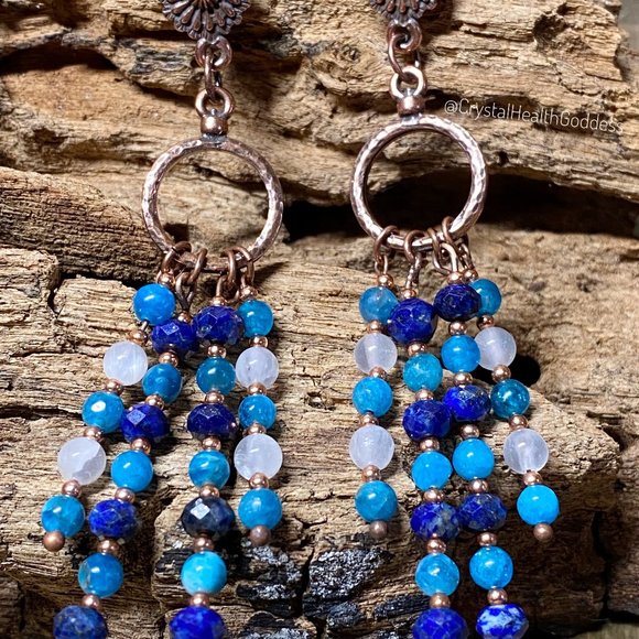 Lapis Lazuli Blue Apatite Selenite Antique Copper Flower Earrings - Picture 3 of 8